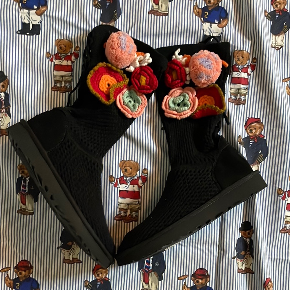 Ugg Black Boots with Colorful Floral Accents